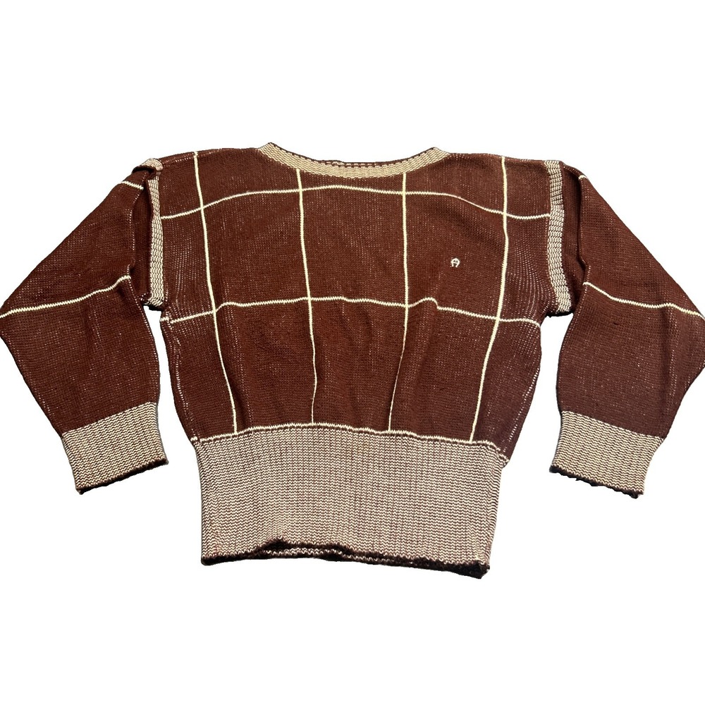 Vintage Etienne Aigner Sweater 80s Brown Plaid Fitted Waist Old Money Retro